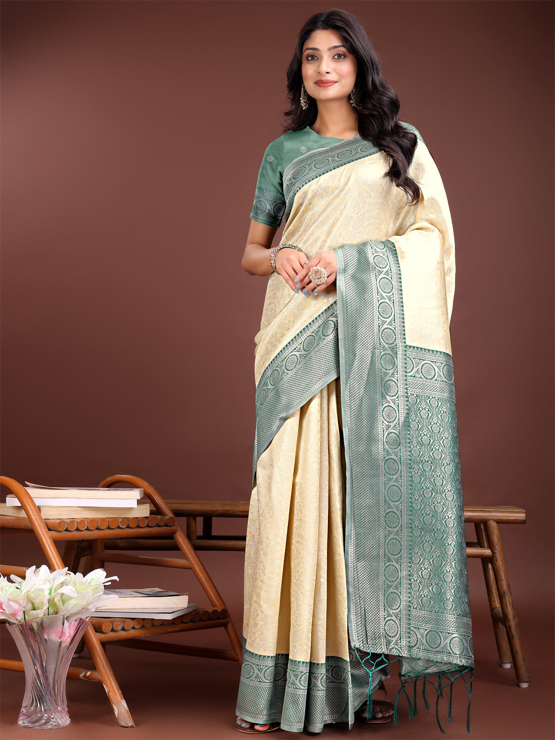 Astita Graceful Cream & Green Banarasi Silk Saree with Rich Zari Woven Border - Traditional Elegance for Celebrations - Distacart