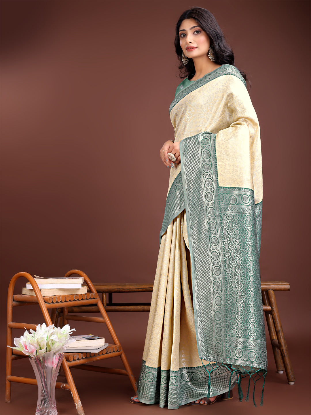 Astita Graceful Cream & Green Banarasi Silk Saree with Rich Zari Woven Border - Traditional Elegance for Celebrations - Distacart