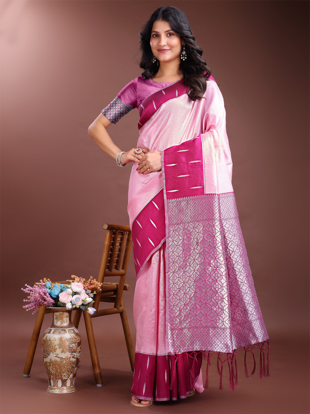 Astita Pink Lichi Silk Woven Zari Work Traditional Tassel Saree - Distacart