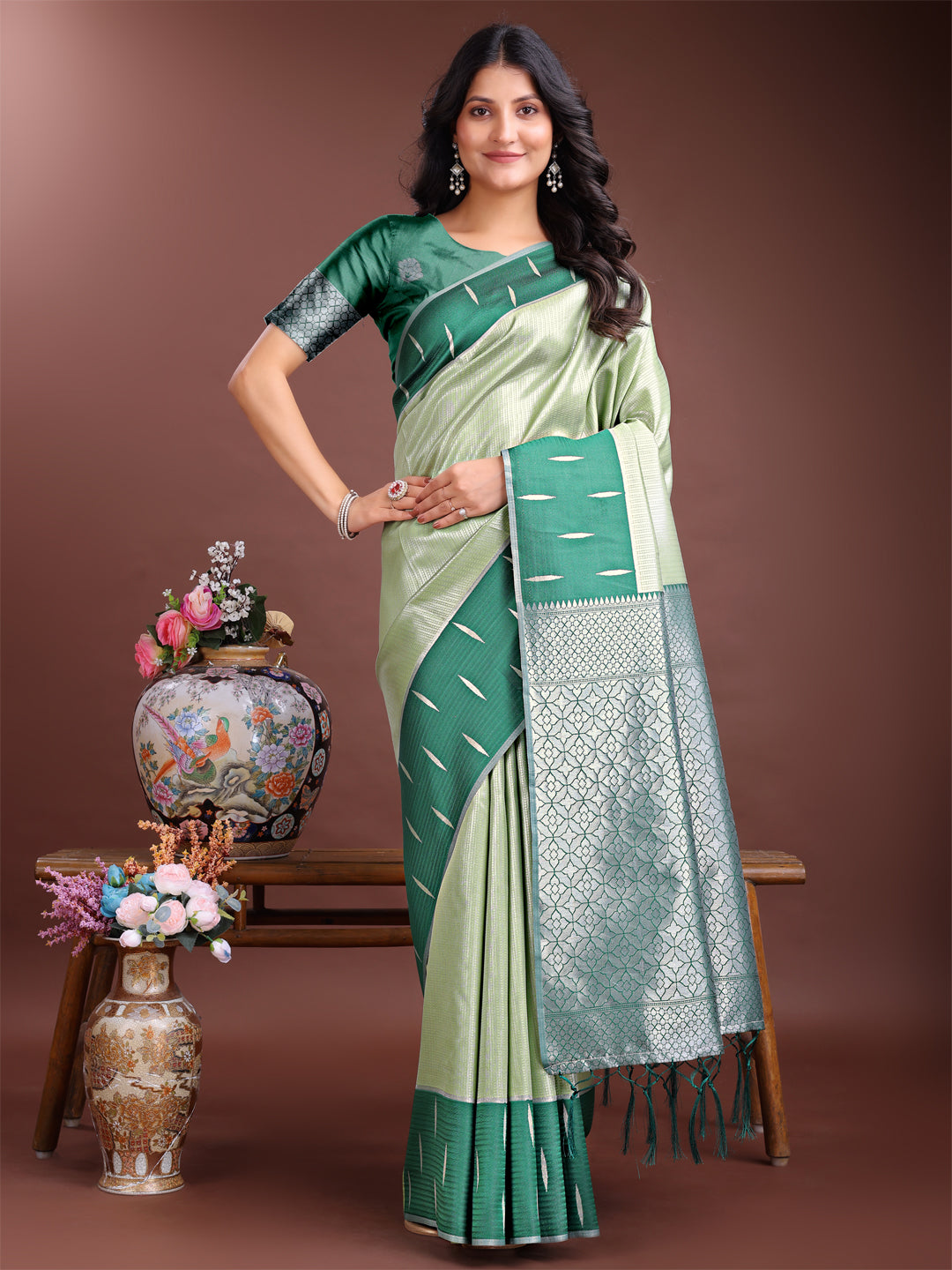 Astita Light Green Lichi Silk Woven Zari Work Traditional Tassel Saree - Distacart