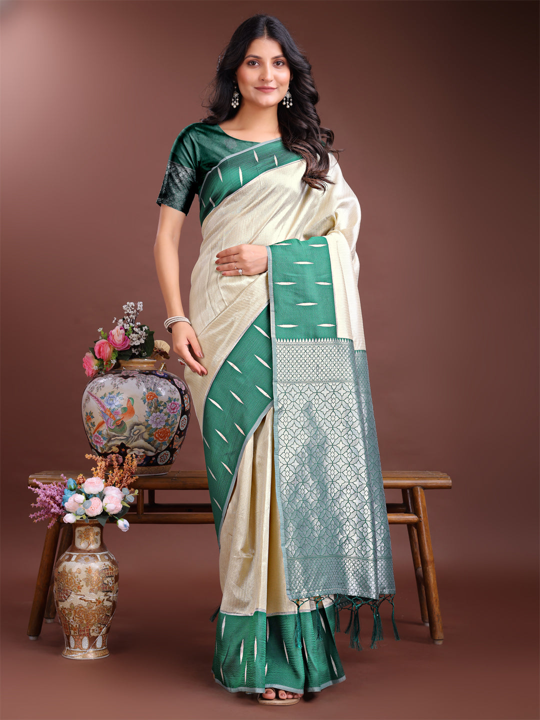Astita Cream Lichi Silk Woven Zari Work Traditional Tassel Saree - Distacart