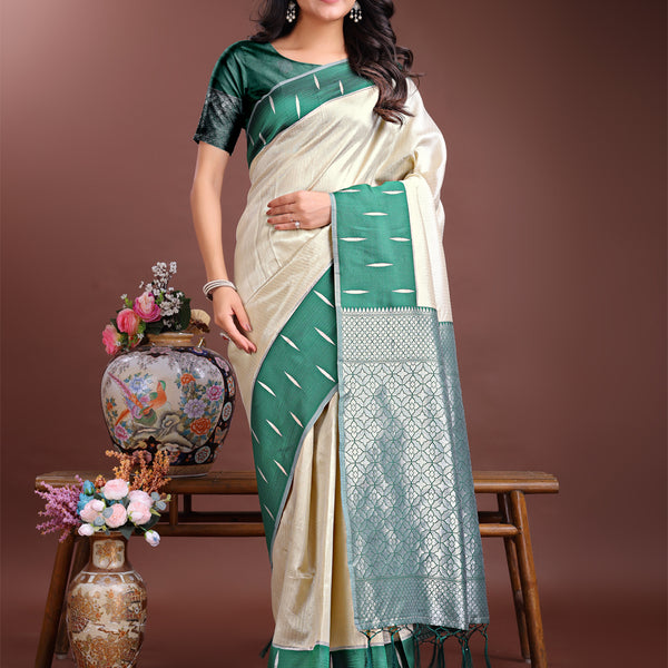 Astita Cream Lichi Silk Woven Zari Work Traditional Tassel Saree - Distacart