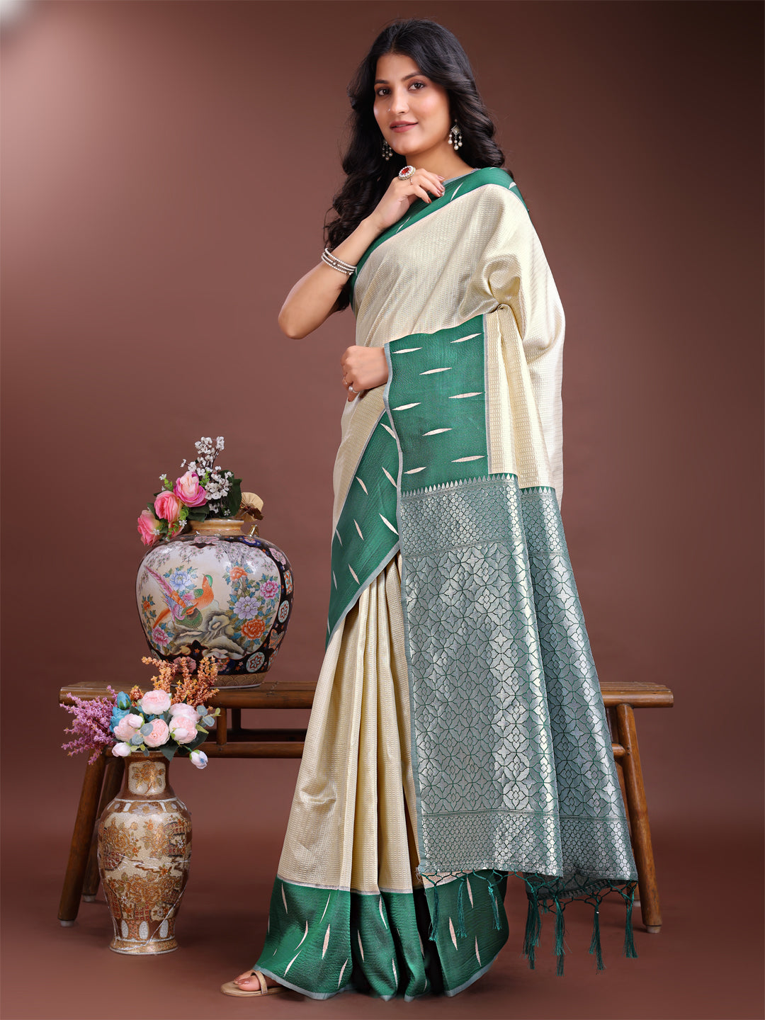 Astita Cream Lichi Silk Woven Zari Work Traditional Tassel Saree - Distacart