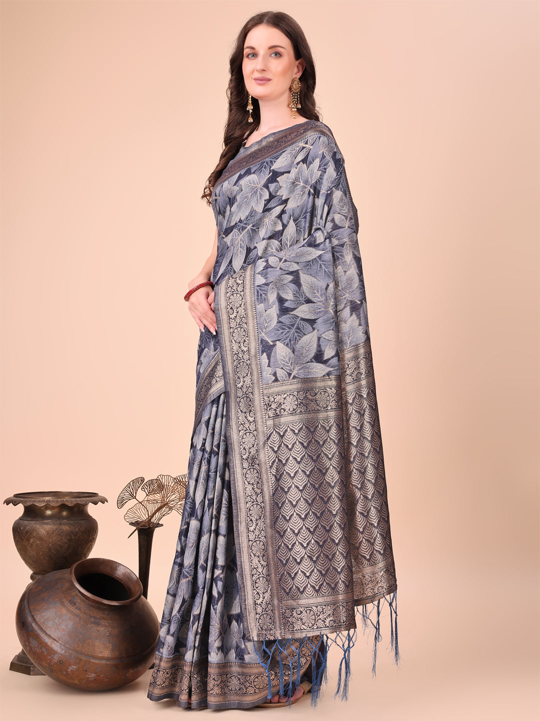 Astita Elegant Navy Blue Cotton Silk Saree with Floral Design & Rich Pallu - Festive & Wedding Wear - Distacart