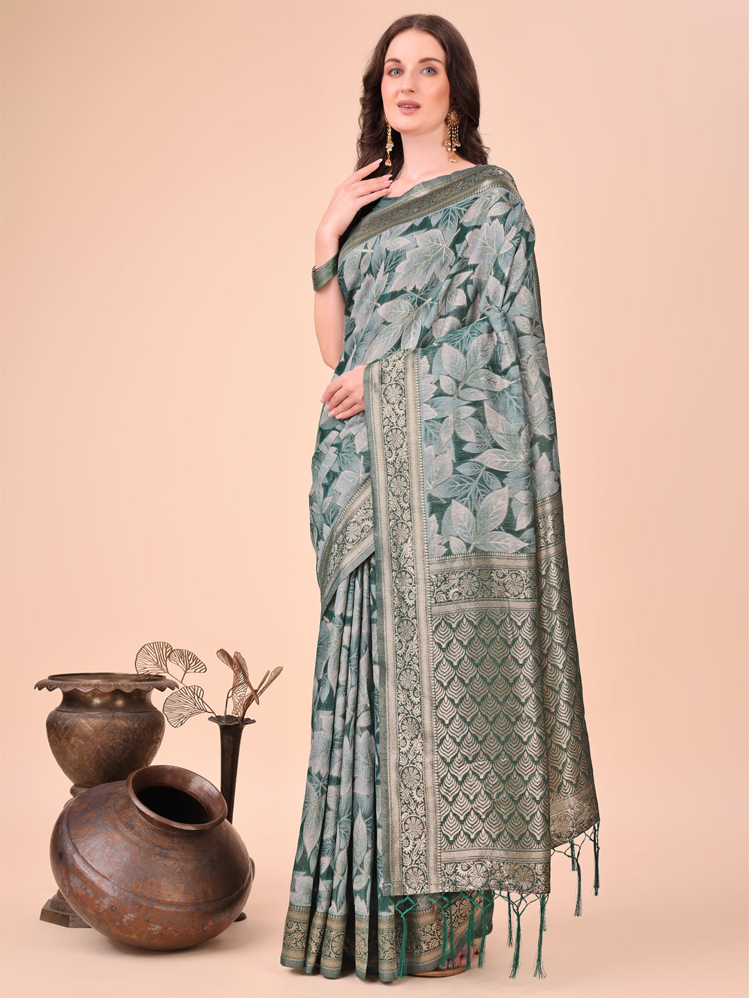 Astita Elegant Green Cotton Silk Saree with Floral Design & Rich Pallu - Festive & Wedding Wear - Distacart