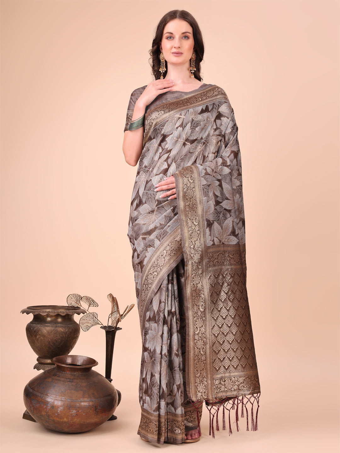 Astita Elegant Brown Cotton Silk Saree with Floral Design & Rich Pallu - Festive & Wedding Wear - Distacart
