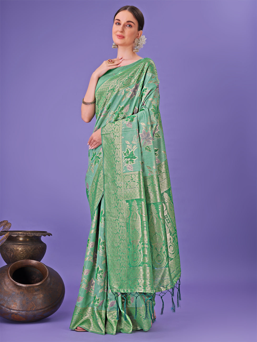 Astita Elegant Green Floral Lichi Silk Saree with Zari Weaving and Rich Pallu - Wedding & Festive Wear Saree - Distacart