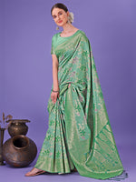 Thumbnail for Astita Elegant Green Floral Lichi Silk Saree with Zari Weaving and Rich Pallu - Wedding & Festive Wear Saree - Distacart