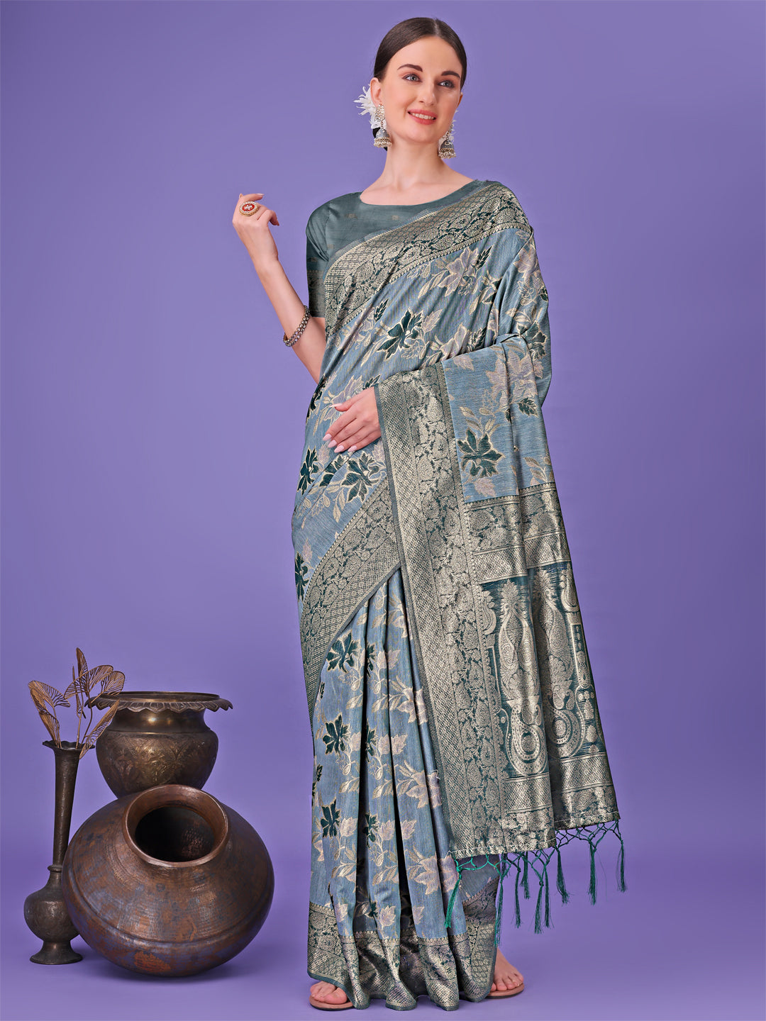 Astita Elegant Teal Floral Lichi Silk Saree with Zari Weaving and Rich Pallu - Wedding & Festive Wear Saree - Distacart