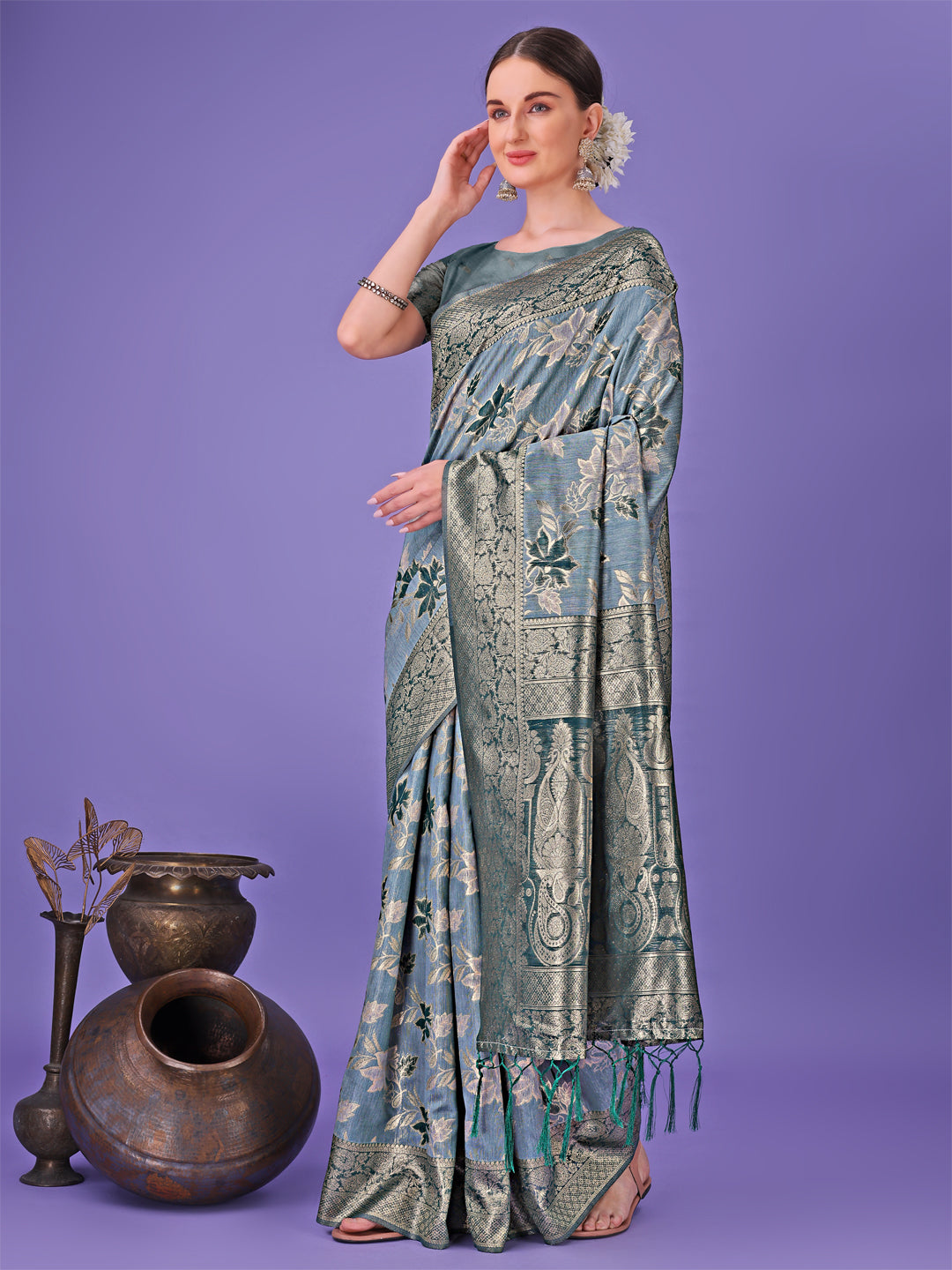 Astita Elegant Teal Floral Lichi Silk Saree with Zari Weaving and Rich Pallu - Wedding & Festive Wear Saree - Distacart