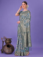 Thumbnail for Astita Elegant Teal Floral Lichi Silk Saree with Zari Weaving and Rich Pallu - Wedding & Festive Wear Saree - Distacart