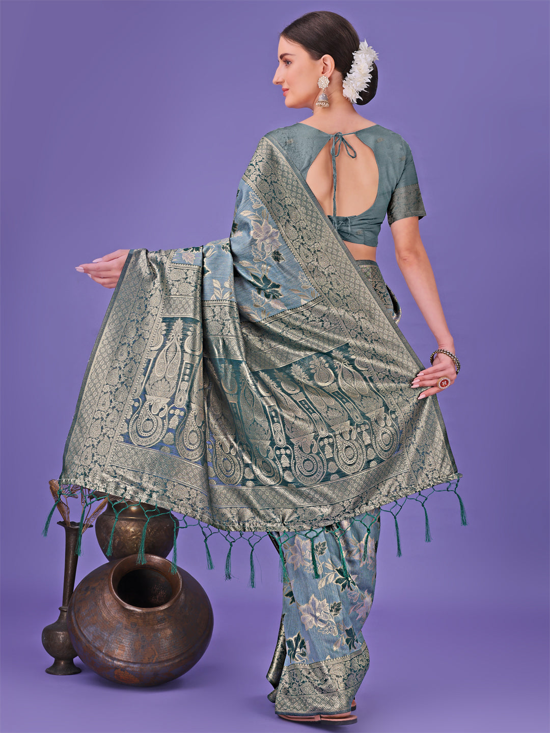 Astita Elegant Teal Floral Lichi Silk Saree with Zari Weaving and Rich Pallu - Wedding & Festive Wear Saree - Distacart