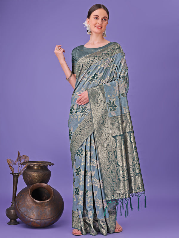 Astita Elegant Teal Floral Lichi Silk Saree with Zari Weaving and Rich Pallu - Wedding & Festive Wear Saree - Distacart