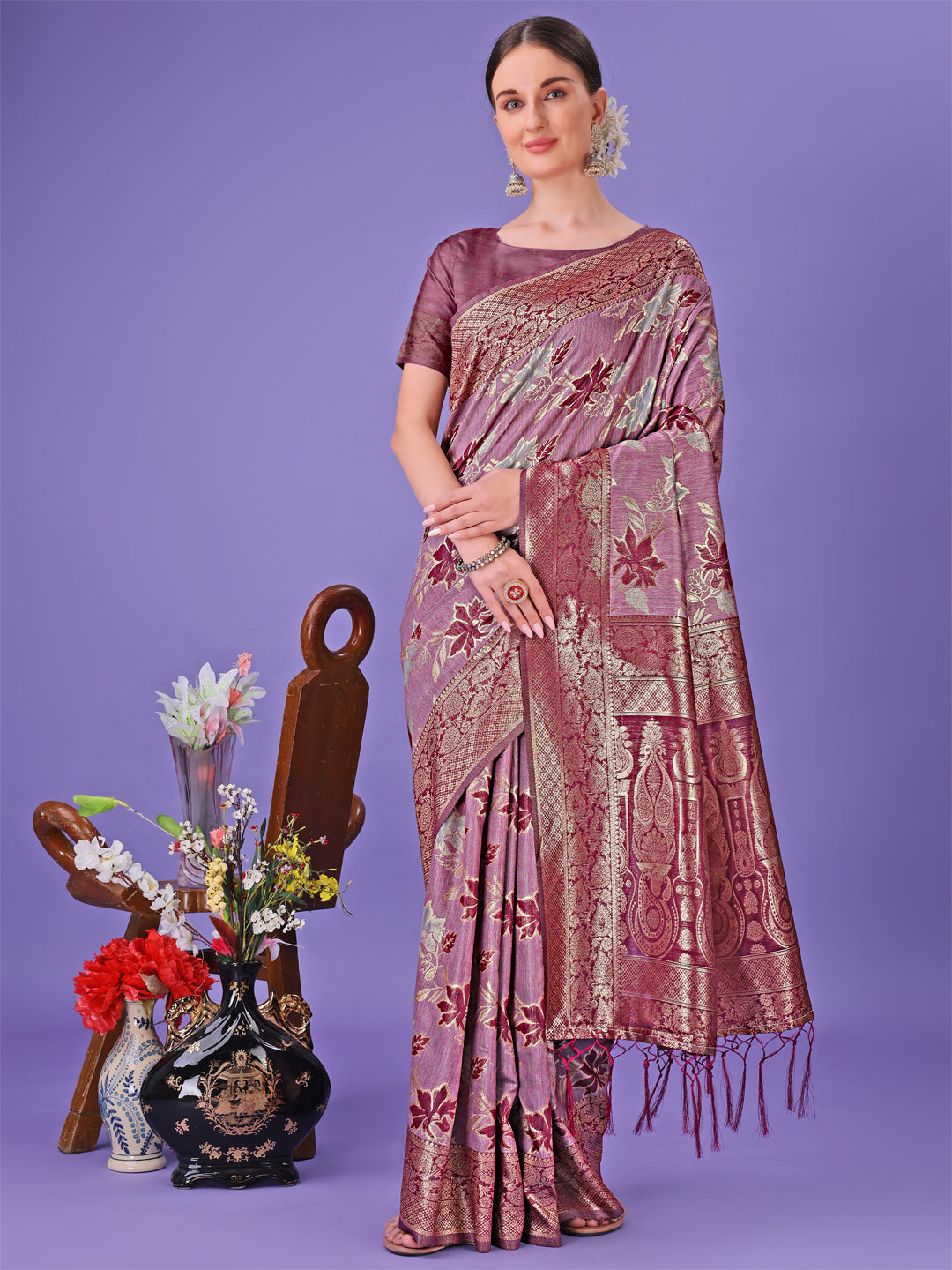 Astita Elegant Purple Floral Lichi Silk Saree with Zari Weaving and Rich Pallu - Wedding & Festive Wear Saree - Distacart