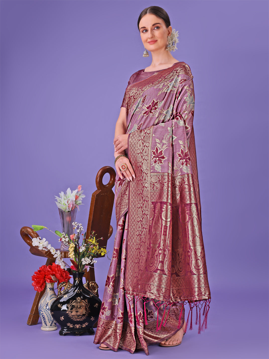 Astita Elegant Purple Floral Lichi Silk Saree with Zari Weaving and Rich Pallu - Wedding & Festive Wear Saree - Distacart