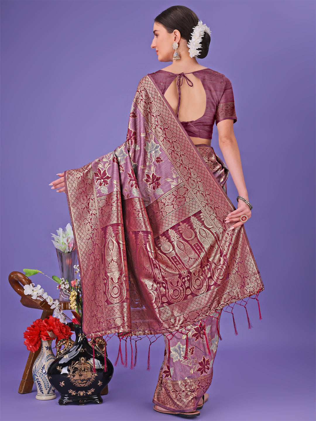 Astita Elegant Purple Floral Lichi Silk Saree with Zari Weaving and Rich Pallu - Wedding & Festive Wear Saree - Distacart