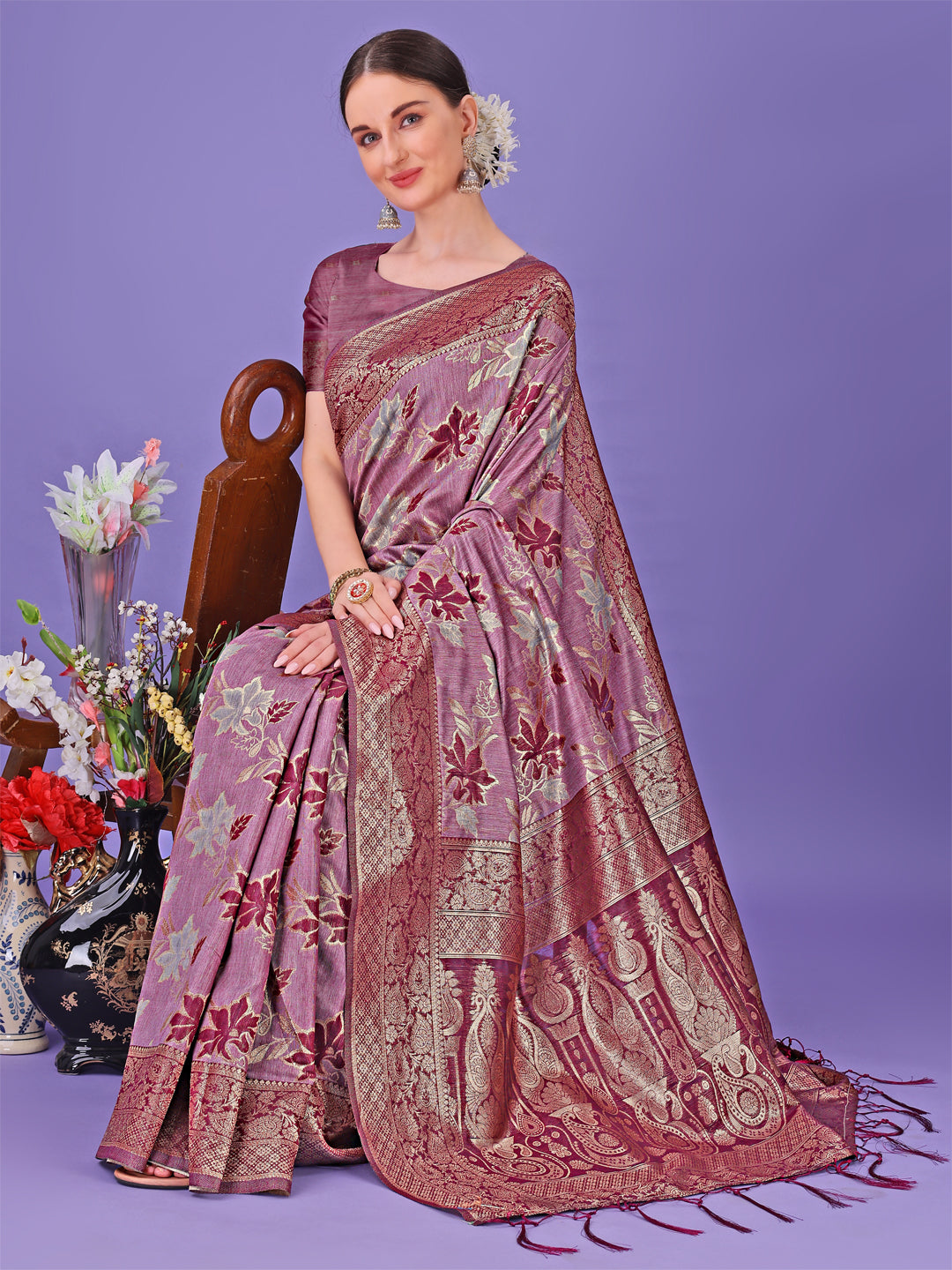 Astita Elegant Purple Floral Lichi Silk Saree with Zari Weaving and Rich Pallu - Wedding & Festive Wear Saree - Distacart