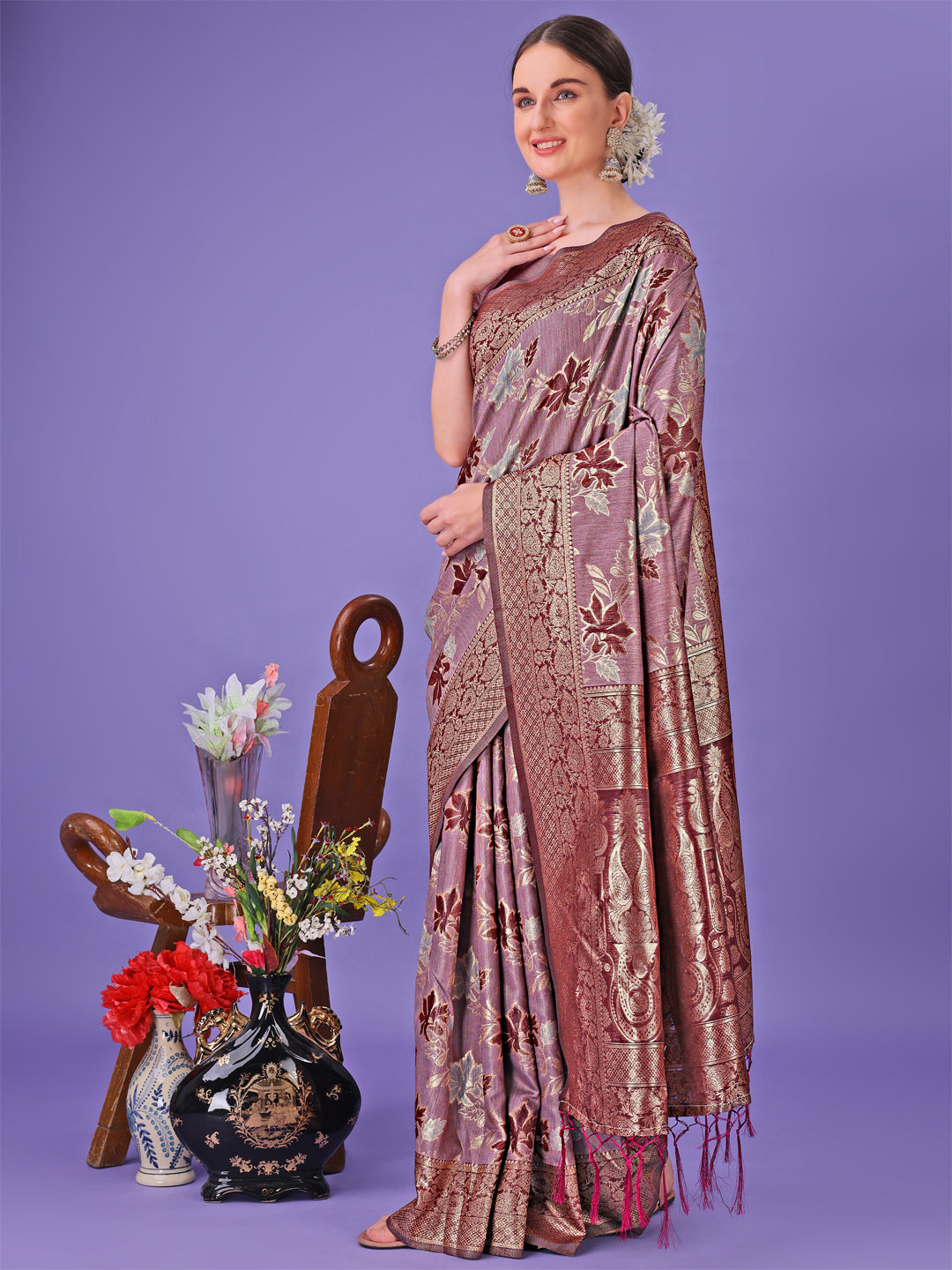 Astita Elegant Maroon Floral Lichi Silk Saree with Zari Weaving and Rich Pallu - Wedding & Festive Wear Saree - Distacart