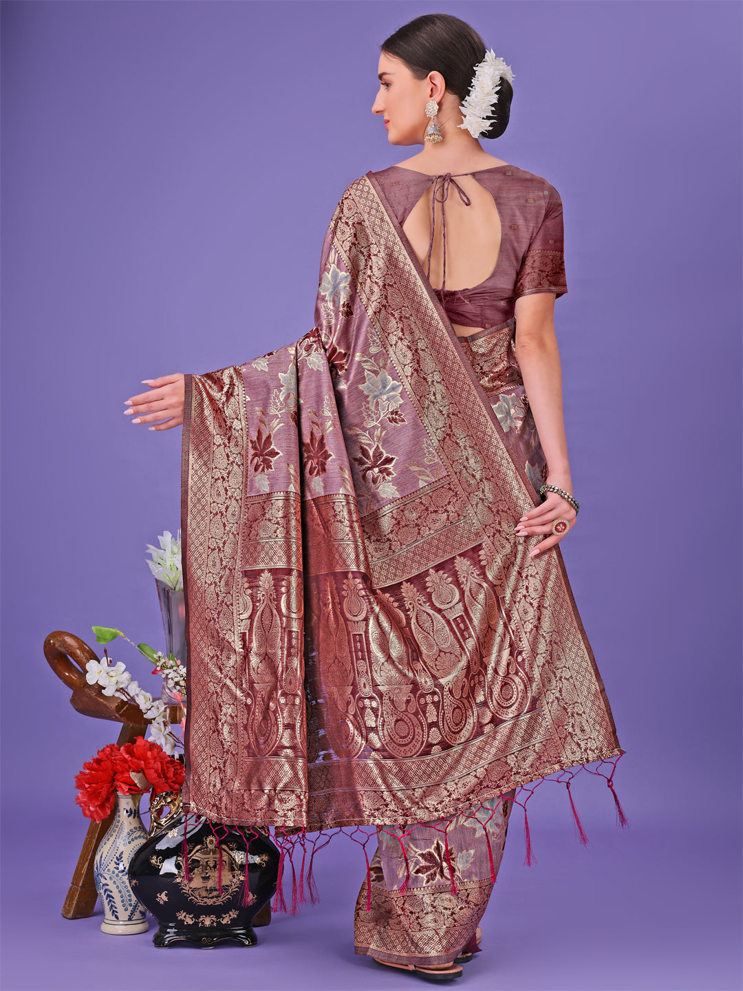 Astita Elegant Maroon Floral Lichi Silk Saree with Zari Weaving and Rich Pallu - Wedding & Festive Wear Saree - Distacart