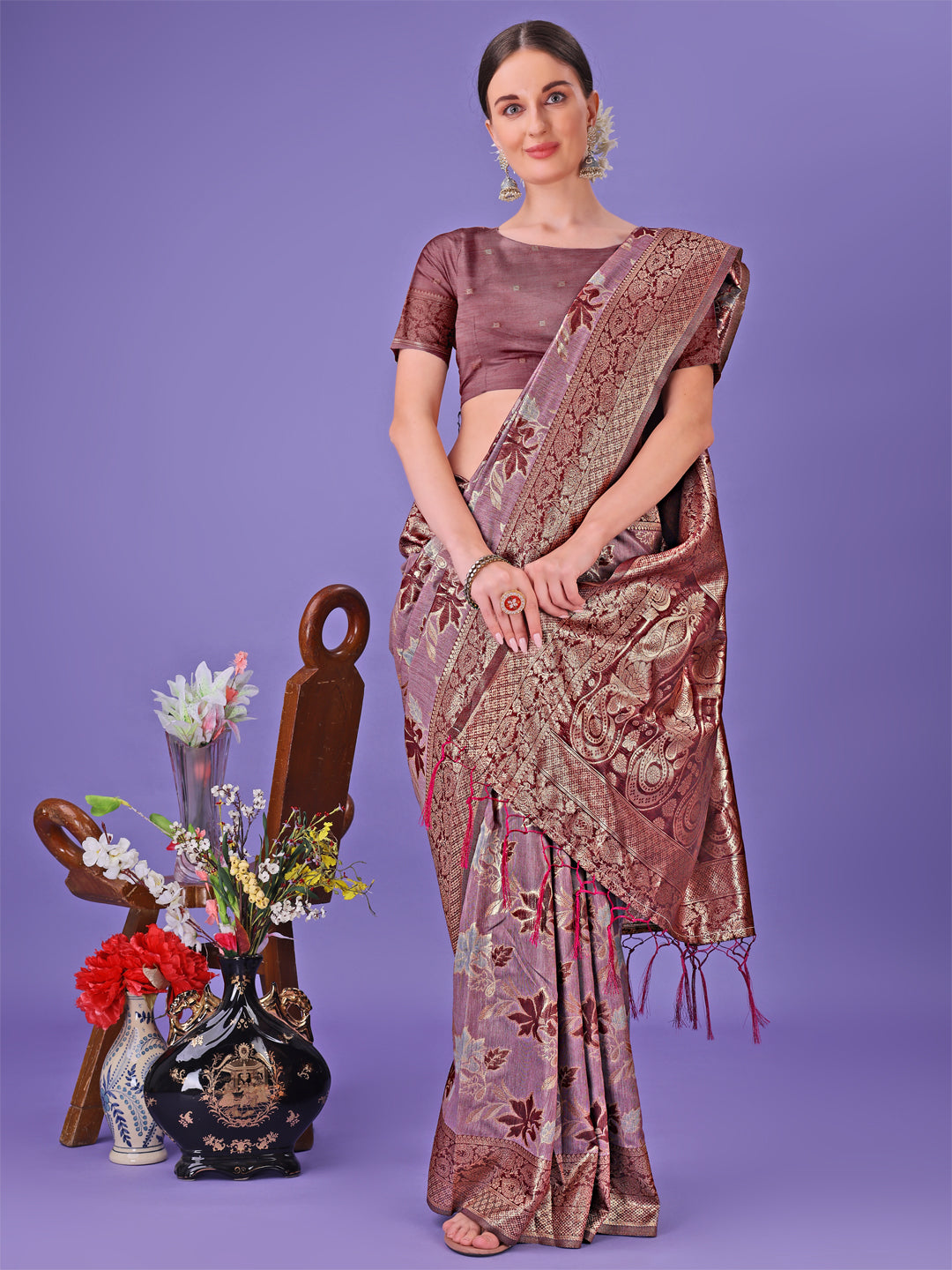 Astita Elegant Maroon Floral Lichi Silk Saree with Zari Weaving and Rich Pallu - Wedding & Festive Wear Saree - Distacart