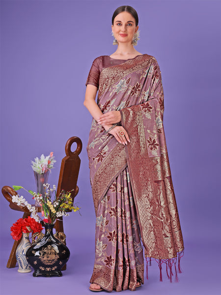 Astita Elegant Maroon Floral Lichi Silk Saree with Zari Weaving and Rich Pallu - Wedding & Festive Wear Saree - Distacart