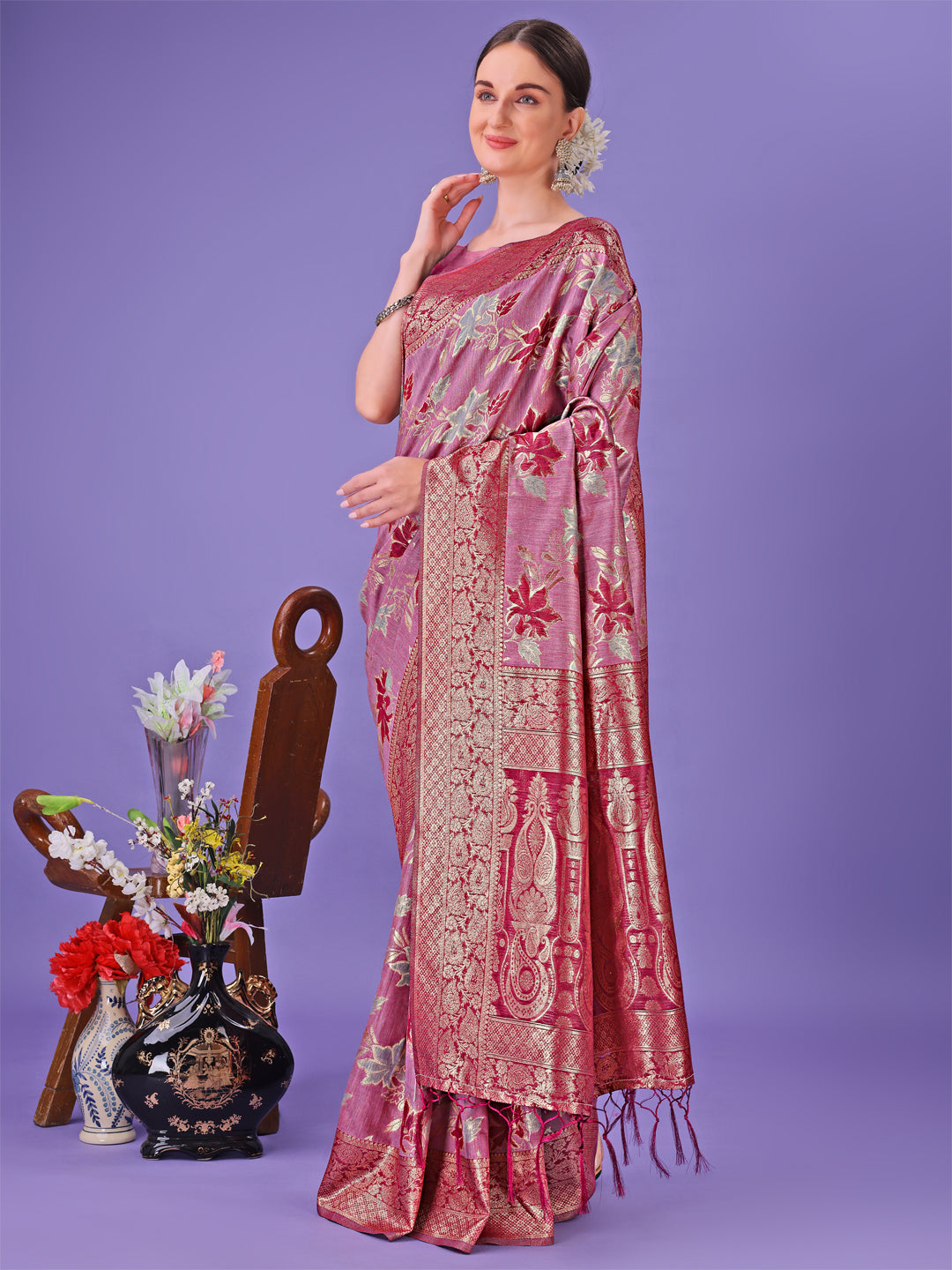 Astita Elegant Pink Floral Lichi Silk Saree with Zari Weaving and Rich Pallu - Wedding & Festive Wear Saree - Distacart