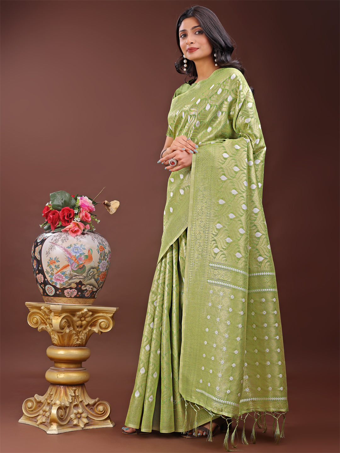 Astita Elegant Light Green Linen Saree with Silver Zari Butta & Pallu - Daily Wear | Festive Look | Soft Feel - Distacart
