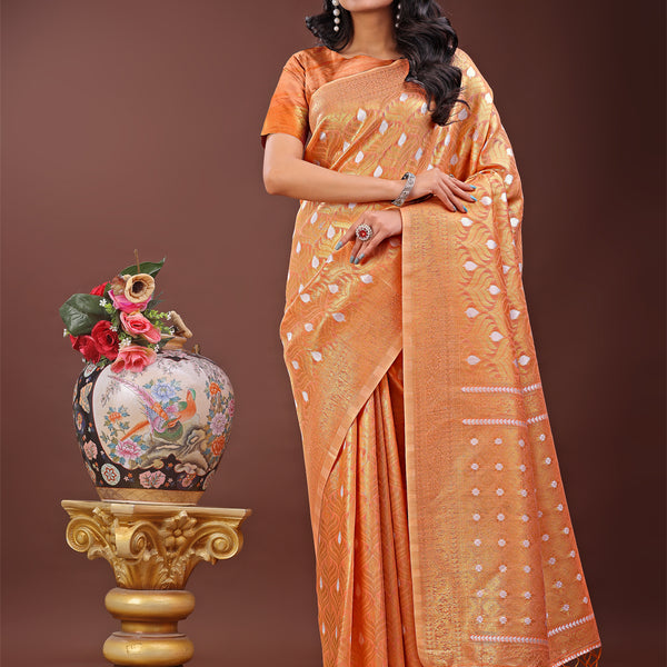 Astita Elegant Peach Linen Saree with Silver Zari Butta & Pallu - Daily Wear | Festive Look | Soft Feel - Distacart