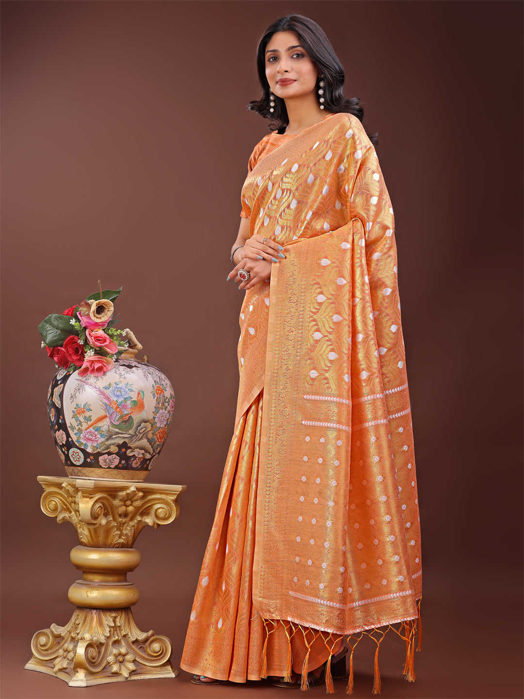 Astita Elegant Peach Linen Saree with Silver Zari Butta & Pallu - Daily Wear | Festive Look | Soft Feel - Distacart