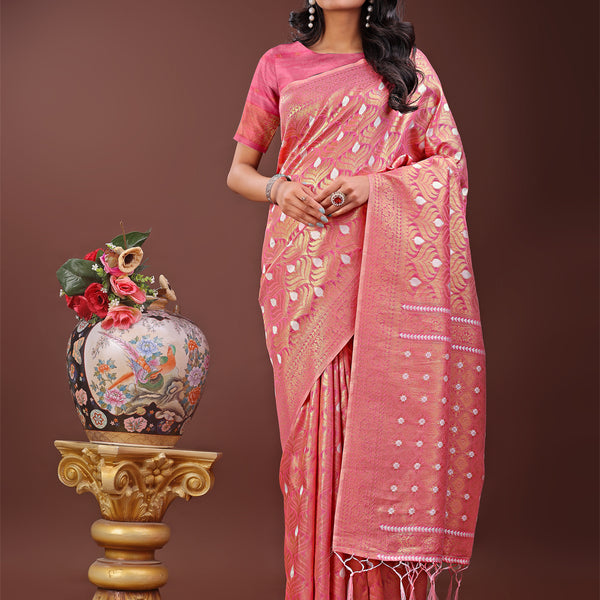 Astita Elegant Pink Linen Saree with Silver Zari Butta & Pallu - Daily Wear | Festive Look | Soft Feel - Distacart