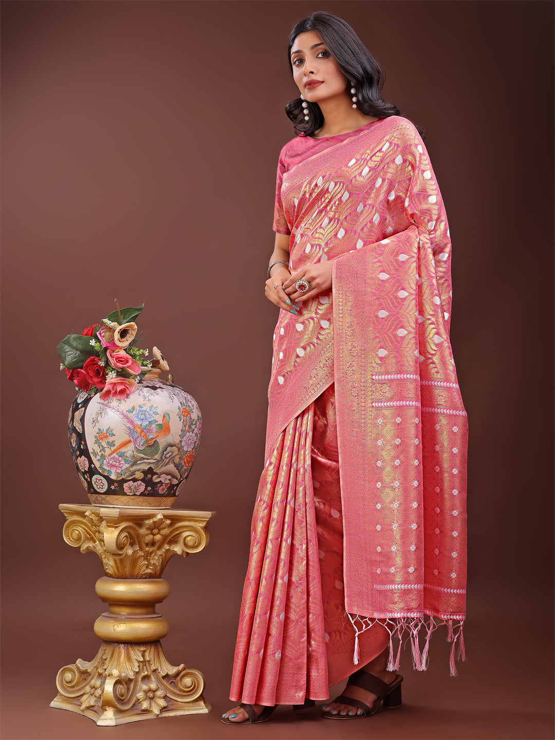 Astita Elegant Pink Linen Saree with Silver Zari Butta & Pallu - Daily Wear | Festive Look | Soft Feel - Distacart