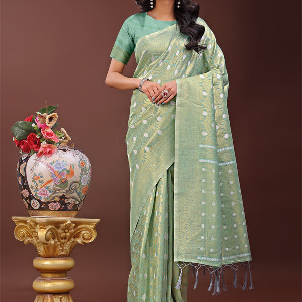 Astita Elegant Teal Linen Saree with Silver Zari Butta & Pallu - Daily Wear | Festive Look | Soft Feel - Distacart