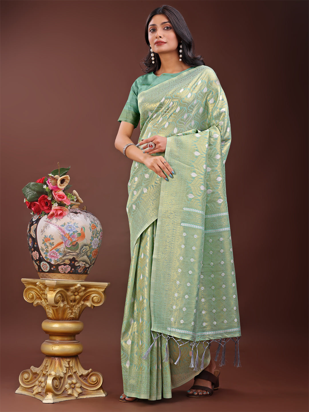 Astita Elegant Teal Linen Saree with Silver Zari Butta & Pallu - Daily Wear | Festive Look | Soft Feel - Distacart