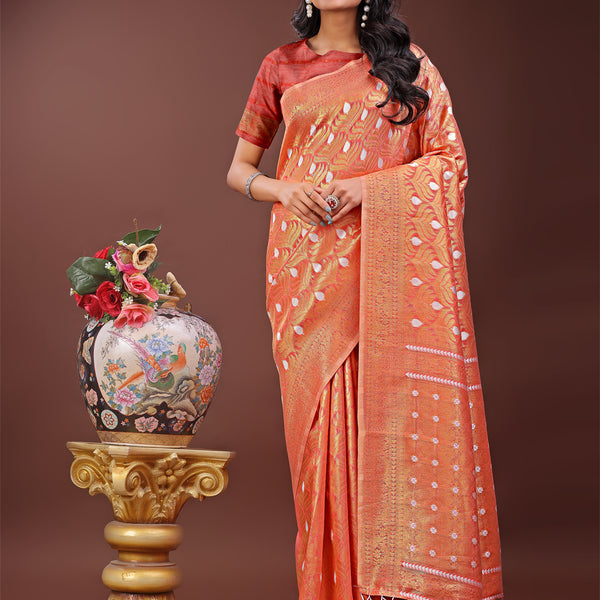 Astita Elegant Orange Linen Saree with Silver Zari Butta & Pallu - Daily Wear | Festive Look | Soft Feel - Distacart