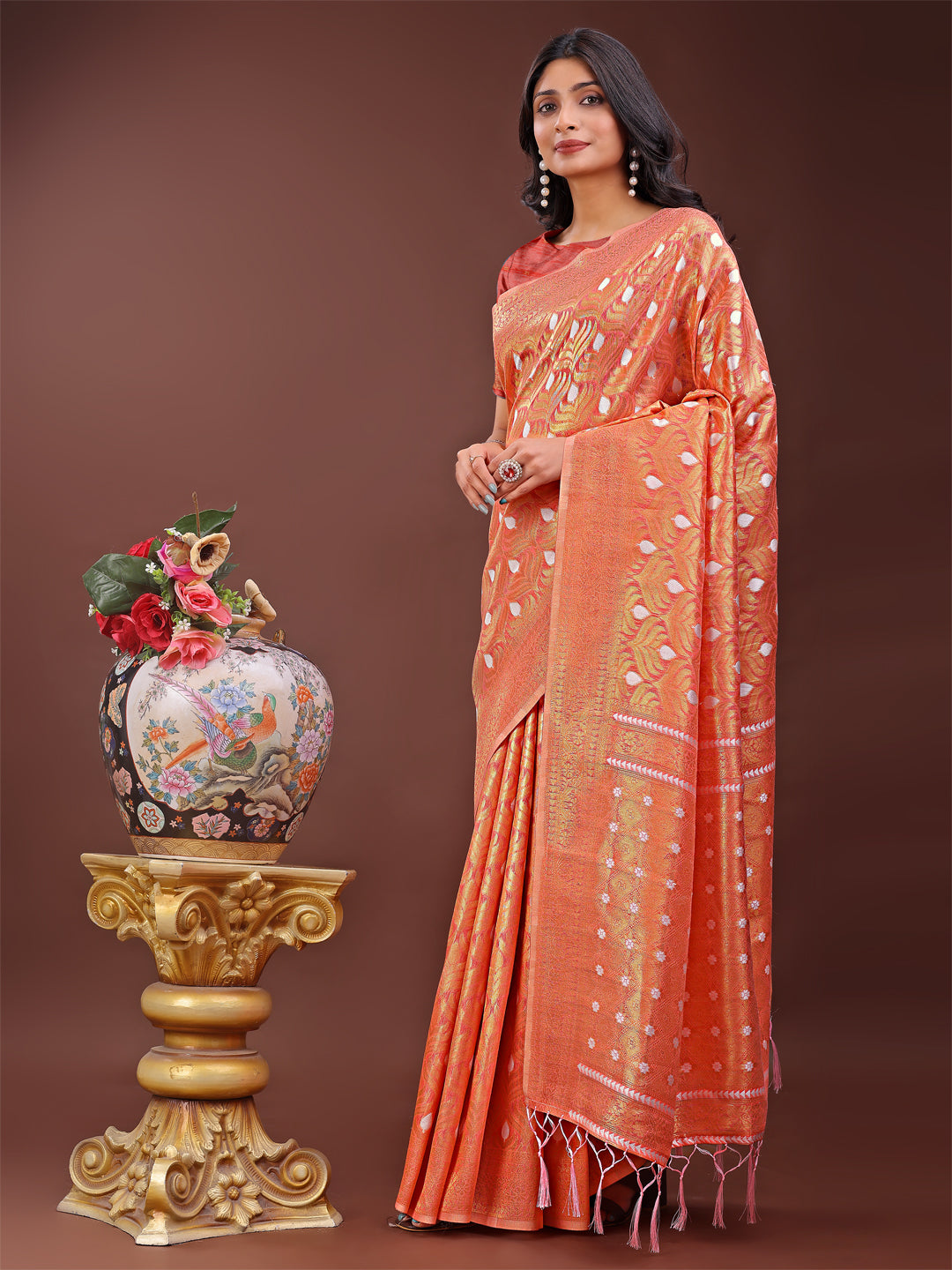 Astita Elegant Orange Linen Saree with Silver Zari Butta & Pallu - Daily Wear | Festive Look | Soft Feel - Distacart