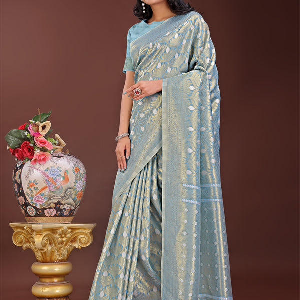Astita Elegant Sky Blue Linen Saree with Silver Zari Butta & Pallu - Daily Wear | Festive Look | Soft Feel - Distacart
