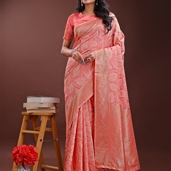 Astita Peach Pink Linen Cotton Saree with Golden Zari Leaf Design & Elegant Pallu - Festive | Office | Daily Wear - Distacart