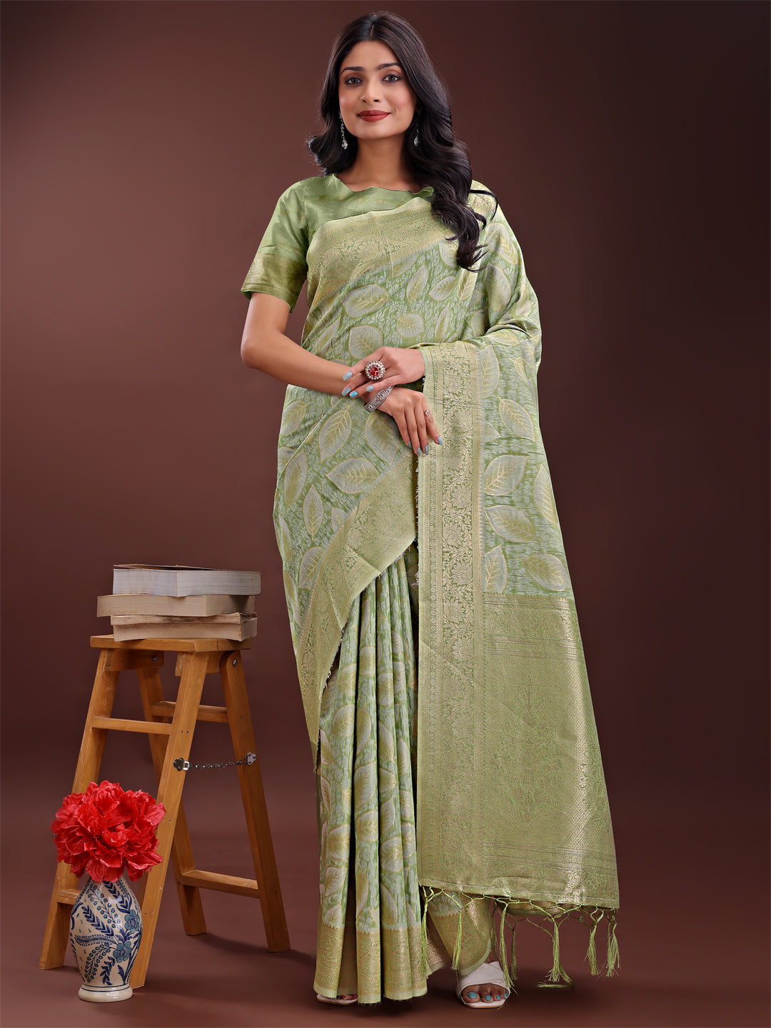 Astita Light Green Linen Cotton Saree with Golden Zari Leaf Design & Elegant Pallu - Festive | Office | Daily Wear - Distacart