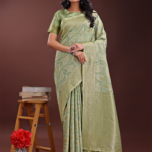 Astita Light Green Linen Cotton Saree with Golden Zari Leaf Design & Elegant Pallu - Festive | Office | Daily Wear - Distacart