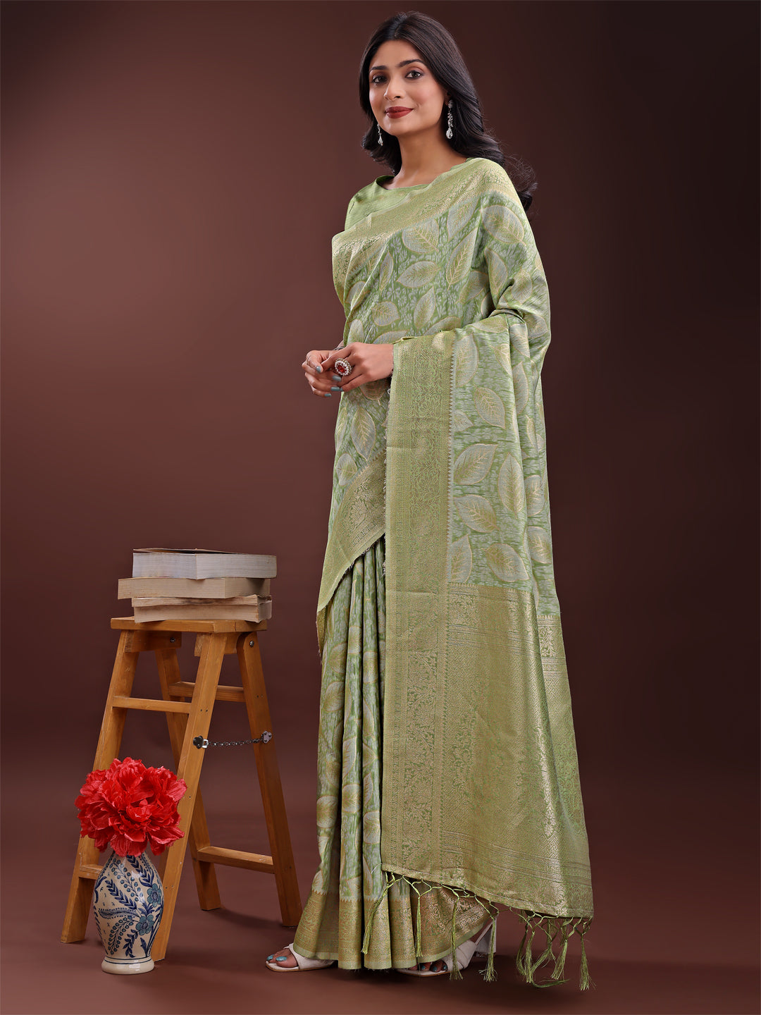 Astita Light Green Linen Cotton Saree with Golden Zari Leaf Design & Elegant Pallu - Festive | Office | Daily Wear - Distacart