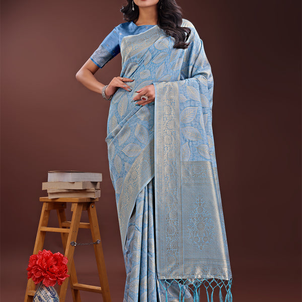 Astita Sky Blue Linen Cotton Saree with Golden Zari Leaf Design & Elegant Pallu - Festive | Office | Daily Wear - Distacart