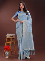 Thumbnail for Astita Sky Blue Linen Cotton Saree with Golden Zari Leaf Design & Elegant Pallu - Festive | Office | Daily Wear - Distacart