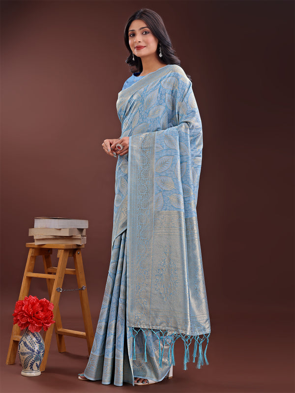 Astita Sky Blue Linen Cotton Saree with Golden Zari Leaf Design & Elegant Pallu - Festive | Office | Daily Wear - Distacart