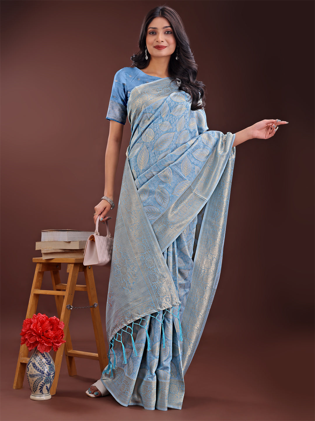 Astita Sky Blue Linen Cotton Saree with Golden Zari Leaf Design & Elegant Pallu - Festive | Office | Daily Wear - Distacart