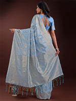 Thumbnail for Astita Sky Blue Linen Cotton Saree with Golden Zari Leaf Design & Elegant Pallu - Festive | Office | Daily Wear - Distacart