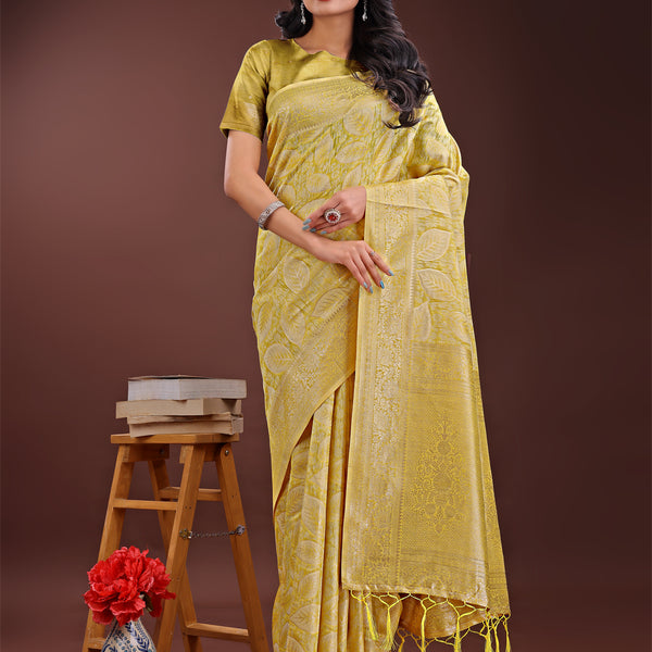 Astita Yellow Linen Cotton Saree with Golden Zari Leaf Design & Elegant Pallu - Festive | Office | Daily Wear - Distacart