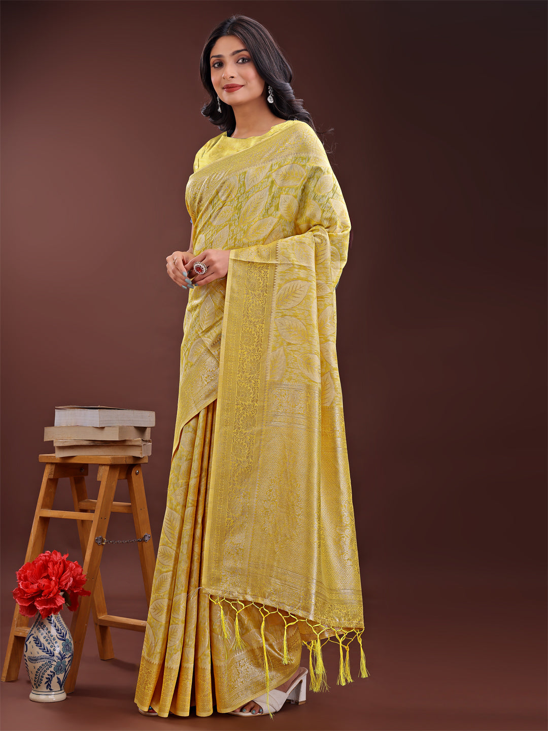 Astita Yellow Linen Cotton Saree with Golden Zari Leaf Design & Elegant Pallu - Festive | Office | Daily Wear - Distacart