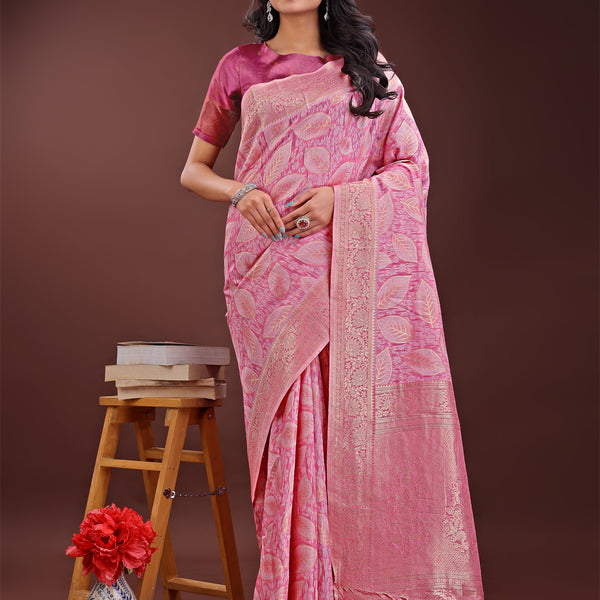 Astita Pink Linen Cotton Saree with Golden Zari Leaf Design & Elegant Pallu - Festive | Office | Daily Wear - Distacart