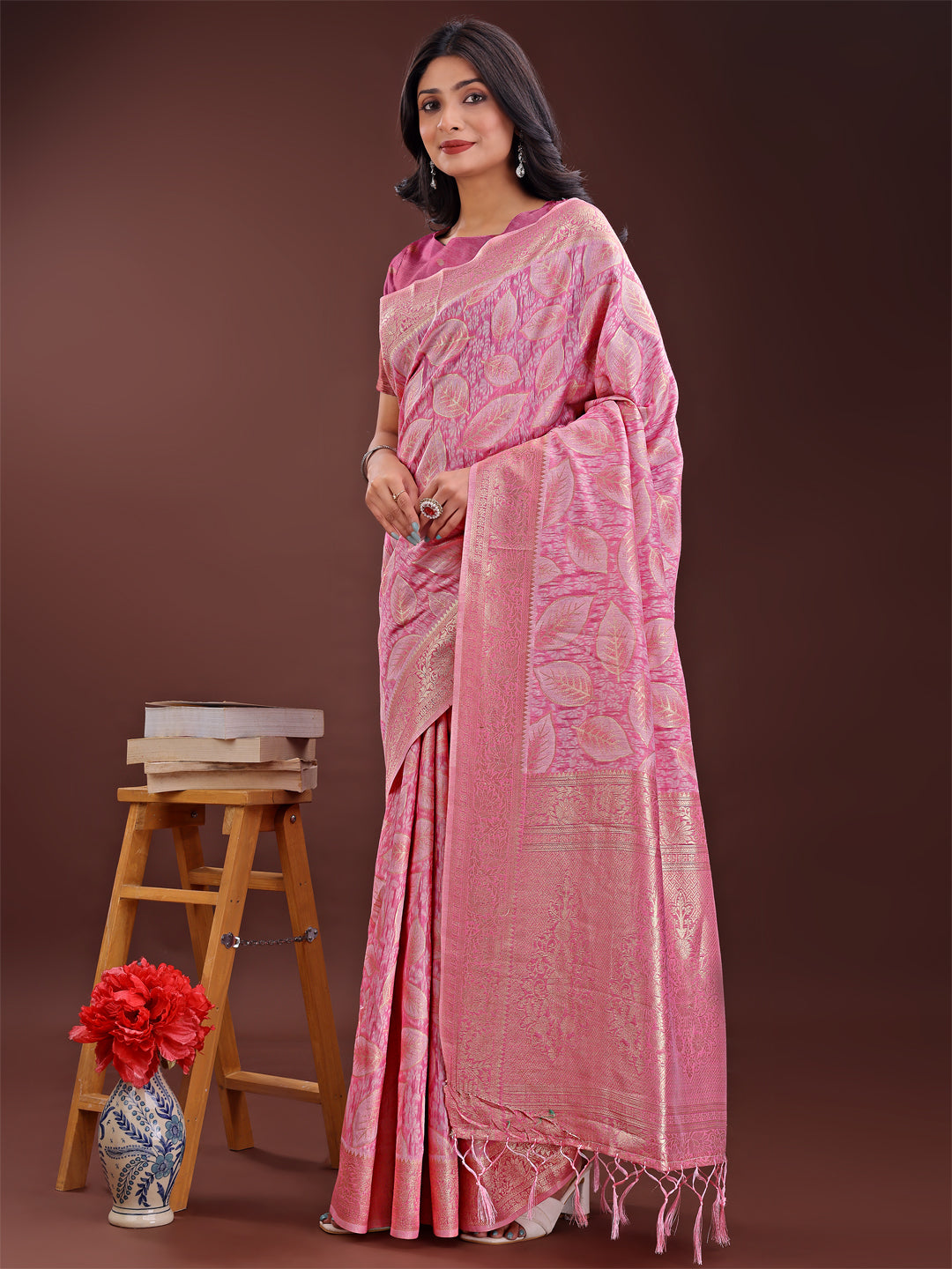 Astita Pink Linen Cotton Saree with Golden Zari Leaf Design & Elegant Pallu - Festive | Office | Daily Wear - Distacart
