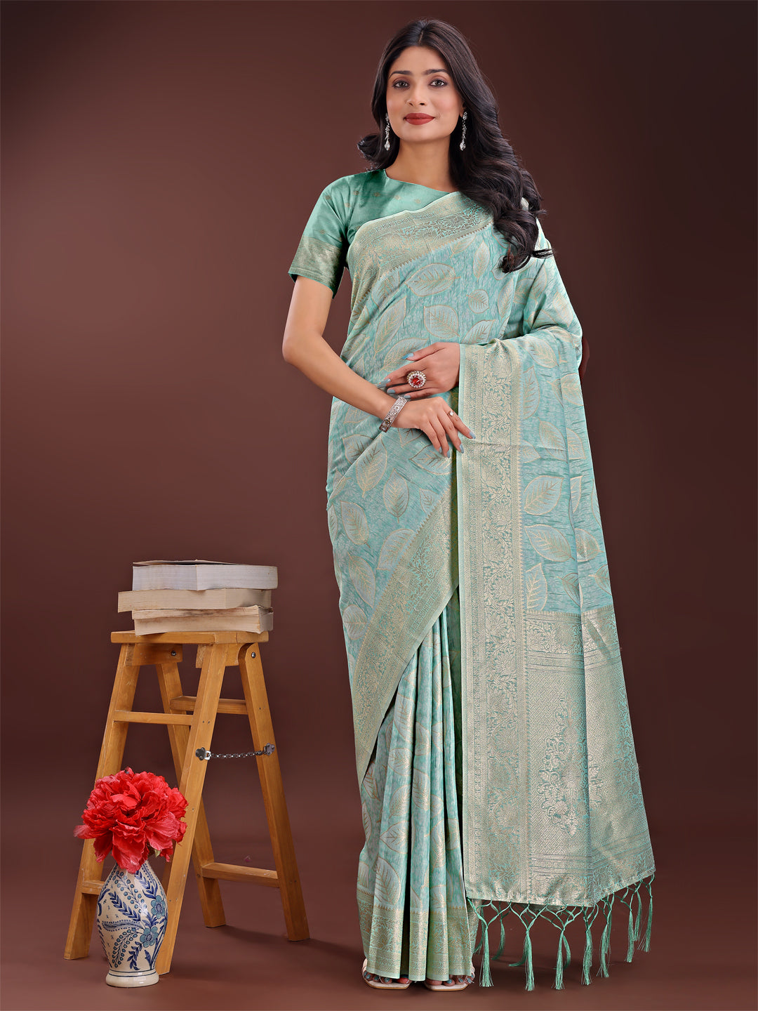 Astita Sea Green Linen Cotton Saree with Golden Zari Leaf Design & Elegant Pallu - Festive | Office | Daily Wear - Distacart